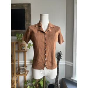 Vintage 90s Light Brown Collared Short Sleeve Knit Blouse Size Small